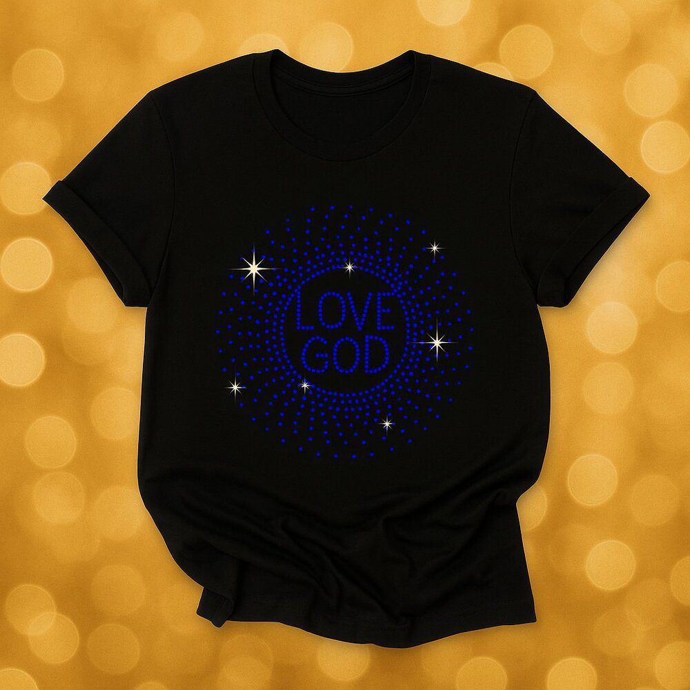 ✨ LOVE GOD Rhinestone Bling Tee – Blue Sparkle Design ✨
